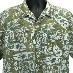 Vintage 90s No Fear Hawaiian Camp Shirt Mens L Large Button Front USA Made Green